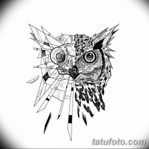 Черно-белый эскиз татуировки, изображающий голову совы, половина которой выполнена в реалистичном стиле, а другая – в виде геометрических фигур и черепа. Контрастный и оригинальный дизайн.
